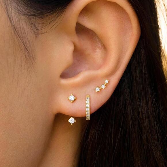 3 Pairs Huggie Gold Hoop Jacket Studs Earring Stack Hypoallergenic for Women - Picture 3 of 6